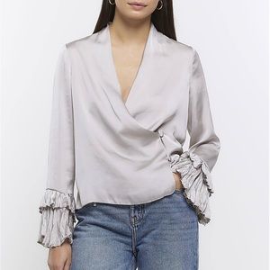 SILVER SATIN WRAP BLOUSE